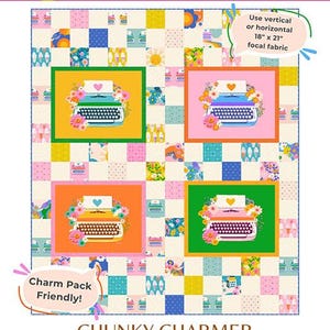 May include: A colorful quilt pattern featuring four framed illustrations of vintage typewriters with floral accents. The quilt is a throw size, measuring 63.5 x 72.5 inches, and is designed by Copper Kettle Quilt Company.