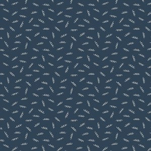 May include: A seamless pattern featuring a dark blue background with a scattered arrangement of white, cursive-style squiggles. The design is simple and repetitive, creating a textured effect.