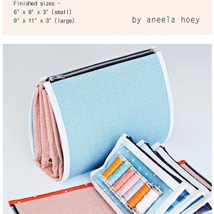 May include: A blue and white Booklet Pouch with a zipper closure, and white trim. The pouch is shown with an open booklet displaying spools of thread. Finished sizes are 6" x 8" x 3" (small) and 9" x 11" x 3" (large). The text "Booklet Pouch" is at the top.