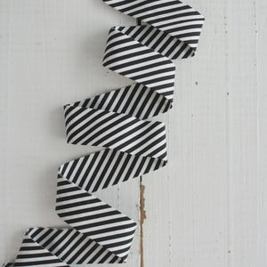 May include: A long, continuous ribbon featuring a repeating pattern of diagonal black and white stripes. The ribbon is folded in a zigzag, accordion-like arrangement, creating a series of sharp, angular bends that run vertically down the frame.