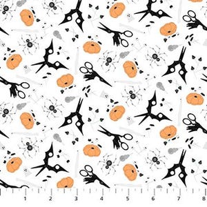 May include: White fabric with a repeating pattern of orange pumpkins, black bats, spiders, and scissors. The design includes small gray accents and is set against a white background. The pattern is measured in inches.
