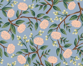 Rifle Paper Co. - Wildwood - Peonies Dusty Blue Fabric-sold by the half yard, cut continuously