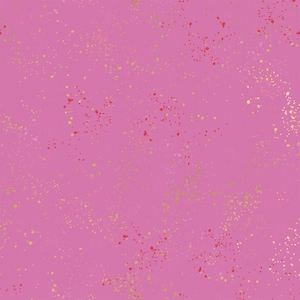 May include: A pink background with a scattered pattern of gold and red dots.