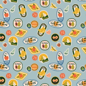 Rifle Paper Co. - Orchard - Fruit Stickers - Light Blue Fabric-sold by the half yard, cut continuously