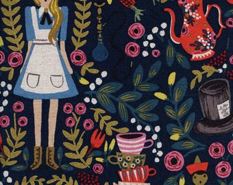Rifle Paper Co. - Wonderland - Wonderland- Navy Canvas Metallic Fabric-sold by the half yard, cut continuously