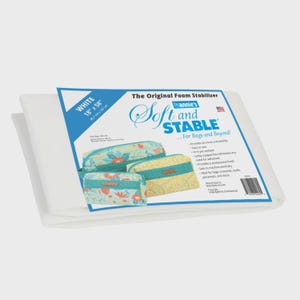 May include: White foam stabilizer, 18" x 58", with a blue and white label. The label reads "Soft and Stable" and features images of colorful bags. The product is designed for bags, costumes, and more.