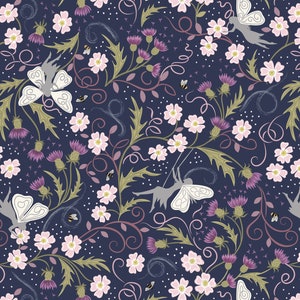 Lewis & Irene - Celtic Fairies - Faeries on Dark Blue Metallic Fabric-sold by the half yard, cut continuously