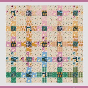 May include: A quilt pattern design titled "layer cake nine patch" with a grid of colorful squares. The squares feature various patterns and colors, including pink, blue, green, and yellow. The text "a layer cake friendly quilt pattern" is also visible.