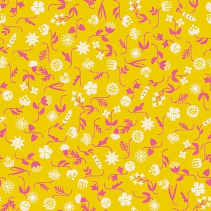 May include: A repeating pattern of stylized flowers and leaves in white and pink against a bright yellow background. The floral elements include various shapes, such as starbursts, clusters, and individual blossoms.