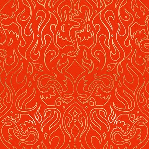 May include: A vibrant orange fabric featuring a repeating pattern of gold line art illustrations. The design showcases stylized dragons intertwined with flowing flame motifs, creating a symmetrical and intricate graphic surface texture.