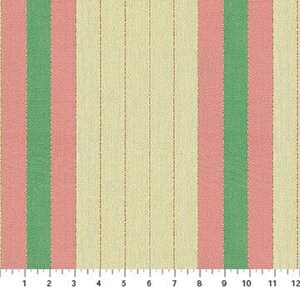 May include: A fabric swatch featuring vertical stripes in alternating shades of light pink, sage green, and cream. Thin, metallic gold pinstripes run vertically through the cream sections. A ruler at the bottom shows measurements in inches.