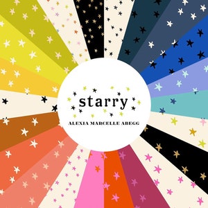 May include: A colorful design featuring a radial pattern of various colors, each segment showcasing a different background color with scattered star shapes. The central white circle displays the word "starry" and the designer's name.