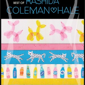 May include: A set of five designer ribbon rolls featuring colorful patterns. The first roll has pink and yellow balloon animals, the second has black and white spotted cats on a blue background, the third has colorful bottles with text, the fourth has yellow and blue stripes, and the fifth has blue and white faces. The text on the label reads "Designer Ribbon Pack Best of Rashida Coleman Hale www.renaissanceribbons.com".