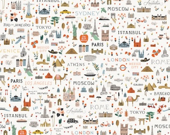 Rifle Paper Co. - Bon Voyage - World Traveler - White Fabric-sold by the half yard, cut continuously