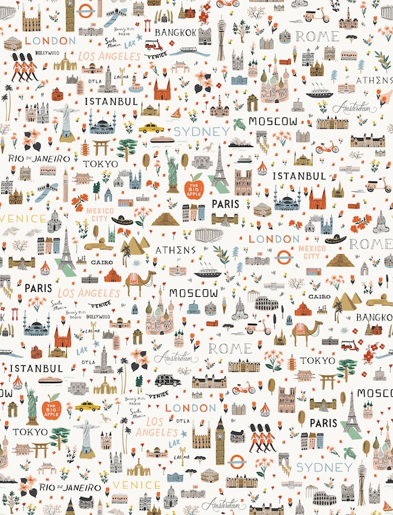 Rifle Paper Co. Bon Voyage World Traveler White - Cotton + Steel - PER QUARTER METRE Rifle Paper Co. Bon Voyage World Traveler White - Cotton + Steel - PER QUARTER METRE