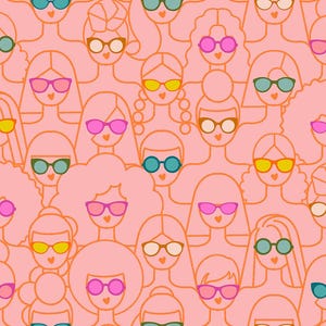 May include: A repeating pattern of stylized female figures wearing sunglasses. The figures are outlined in orange on a pink background. The sunglasses are various colors, including pink, yellow, green, and blue. The women have different hairstyles.
