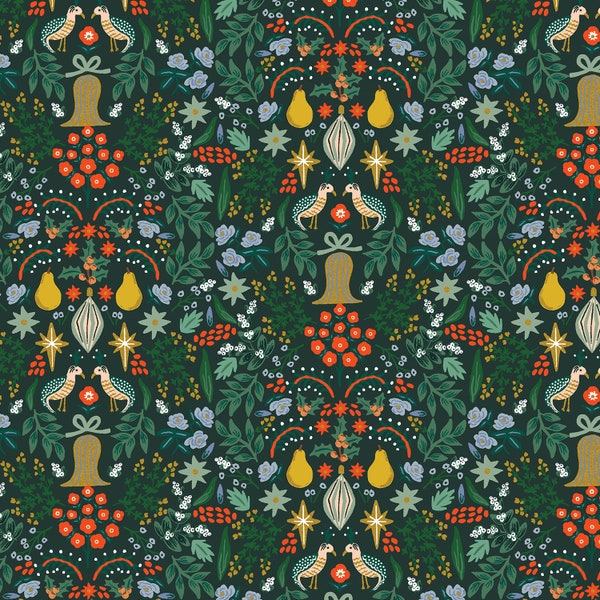 Rifle Paper Co. - Holiday Classics - Partridge - Evergreen Metallic Fabric-sold by the half yard, cut continuously