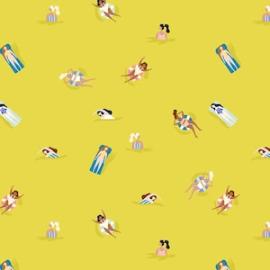 May include: A seamless pattern featuring various people enjoying a day at the beach. The pattern includes people swimming, floating on inflatable rings, and sunbathing on inflatable mats. The background is a bright yellow color.