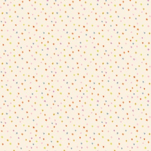 May include: A cream-colored background is covered with a pattern of small, colorful stars. The stars are in shades of red, orange, pink, purple, blue, green, and yellow. The stars are evenly spaced and scattered across the surface.