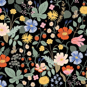 Rifle Paper Co. - Strawberry Fields - Black Fabric-sold by the half yard, cut continuously