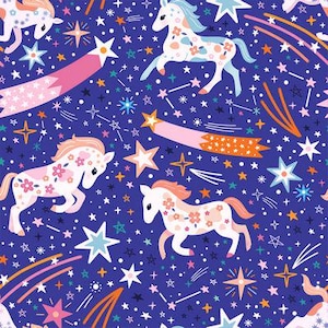 May include: A seamless pattern featuring white horses with pink and orange floral designs galloping across a dark blue background. The horses are surrounded by white, pink, orange, and blue stars and shooting stars.