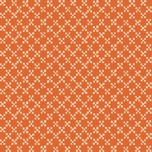 May include: An orange background with a repeating pattern of small, off-white square shapes arranged in a grid-like design. The pattern creates a textured, geometric effect, suitable for fabric or wallpaper.