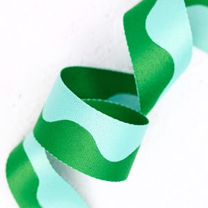May include: A close-up of a green and light blue ribbon with a wavy pattern. The ribbon is curled and twisted, showcasing the contrasting colors and textured weave. The ribbon is against a white background.