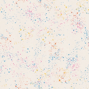 May include: A seamless pattern with a white background and a random scattering of small blue, yellow, pink, and orange dots.