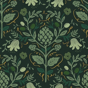 Rifle Paper Co. - Dahlia - Artichoke - Hunter Canvas Metallic Fabric-sold by the half yard, cut continuously
