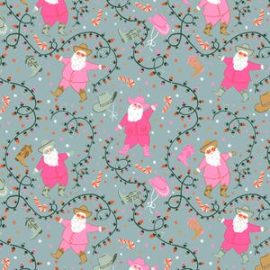 May include: A repeating pattern on a dusty blue background featuring illustrations of Santa Claus wearing pink suits and cowboy boots, interspersed with pink and tan cowboy hats, candy canes, and tangled strings of colorful Christmas lights.