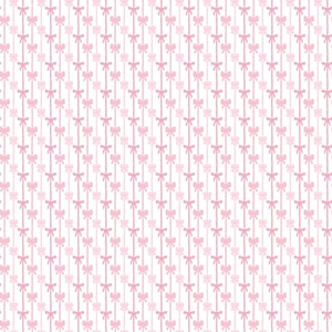 May include: A repeating pattern of pink bows on vertical lines against a white background. The bows are in varying shades of pink, creating a delicate and feminine design. The bows are evenly spaced, adding to the pattern's symmetry.