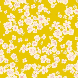 May include: A repeating pattern of white and pale pink flowers with yellow centers on a mustard yellow background. The floral design is scattered across the surface, creating a visually appealing and lively pattern, suitable for fabric or wallpaper.