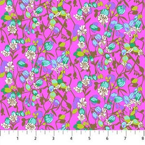 May include: A vibrant pink fabric with a repeating floral pattern. The design features white, teal, and purple flowers with green leaves and brown stems. The pattern repeats across the fabric, creating a lively and colorful textile.