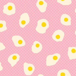 May include: A repeating pattern of cartoon fried eggs on a pink grid background. The eggs have yellow yolks and off-white whites. The grid is a light pink and white checkered pattern.
