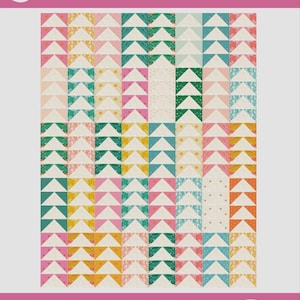 May include: A colorful quilt pattern titled "layer cake geese" with a repeating design of triangles in various colors including pink, green, yellow, and blue. The pattern is labeled as "a layer cake friendly quilt pattern - 024".