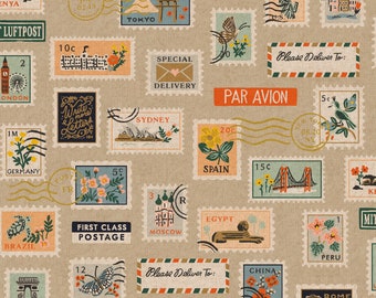 Rifle Paper Co. - Bon Voyage - Postage Stamps - Natural Unbleached Canvas Metallic Fabric-sold by the half yard, cut continuously