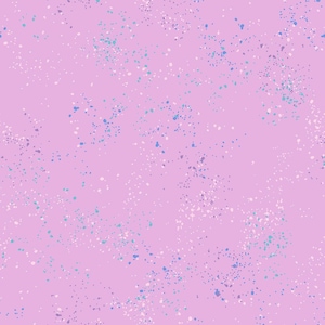 May include: A seamless pattern with a light pink background and a scattered design of small white, blue, and purple dots.