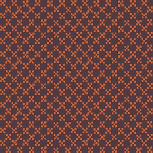 May include: A repeating pattern of small, orange, square-like shapes arranged in a grid-like design against a dark brown background. The pattern creates a textured, cross-like visual effect, suitable for fabric or wallpaper.