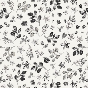 May include: A seamless pattern featuring black and white stylized floral illustrations. The pattern includes small flowers and leaves with a textured, hand-drawn look.