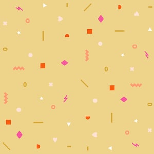 May include: A seamless pattern with a variety of geometric shapes in pink, orange, and gold on a yellow background. The shapes include hearts, stars, lightning bolts, squares, diamonds, and zigzags.