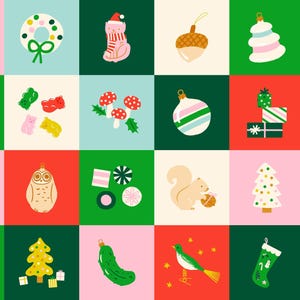 May include: A grid of colorful square gift tags featuring festive holiday illustrations including Christmas trees, ornaments, stockings, candy, animals, and text like HO HO HO, PEACE, MERRY HAPPY, and MADE WITH LOVE on a multi-colored background.