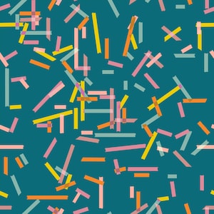 May include: Teal background with a repeating pattern of colorful tape strips in yellow, orange, pink, and light blue. The tape strips are arranged in various orientations, creating a playful and abstract design.