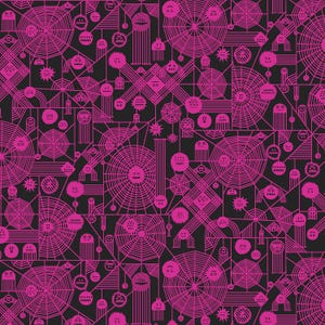 May include: A black and pink seamless pattern featuring a repeating design of spiderwebs, geometric shapes, and stylized faces. The pattern is a modern and abstract design.