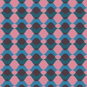 May include: A repeating pattern of wavy lines and oval shapes in shades of pink, teal, and dark brown. The design is symmetrical, with the colors alternating in a rhythmic fashion, creating a visually engaging abstract pattern.