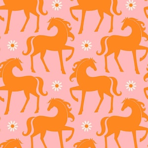 May include: A repeating pattern of orange horse silhouettes and white daisies on a pink background. The horses are in various poses, with flowing manes and tails. The design is reminiscent of a retro or vintage style.