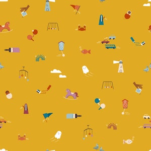 May include: A yellow background with a repeating pattern of various colorful illustrations. The illustrations include a rocking horse, a ghost, a lighthouse, a swing set, a cuckoo clock, a crab, a fish, a paintbrush, a slinky, a mobile, a car, a cloud, a pencil, a pair of birds, and a ball.