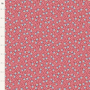 May include: A fabric with a repeating floral pattern. The design features small, light blue and cream-colored flowers and pink dots on a deep red background. The pattern is dense and covers the entire surface.