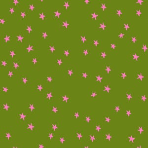 May include: A seamless pattern featuring small, pink, five-pointed stars scattered across a solid olive green background. The stars are evenly spaced and create a playful, whimsical design. This pattern is suitable for various applications.