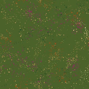 May include: A seamless pattern featuring a dark olive green background speckled with various sized dots in shades of gold, pink, orange, and dark green. The design has a random, scattered appearance.