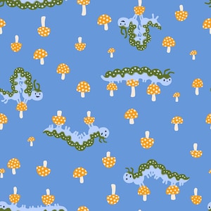 May include: A whimsical pattern on a blue background featuring light blue caterpillars with green accents and orange mushrooms with white stems. The design is a repeating pattern, creating a playful and nature-inspired aesthetic.